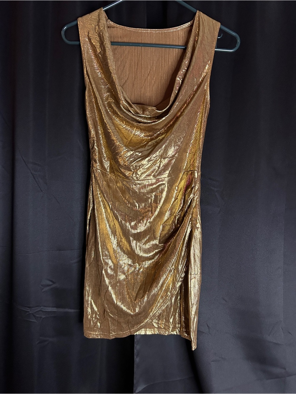 Cider Metallic Gold Ruched V-Neck Mini Dress - Picture 2 of 5